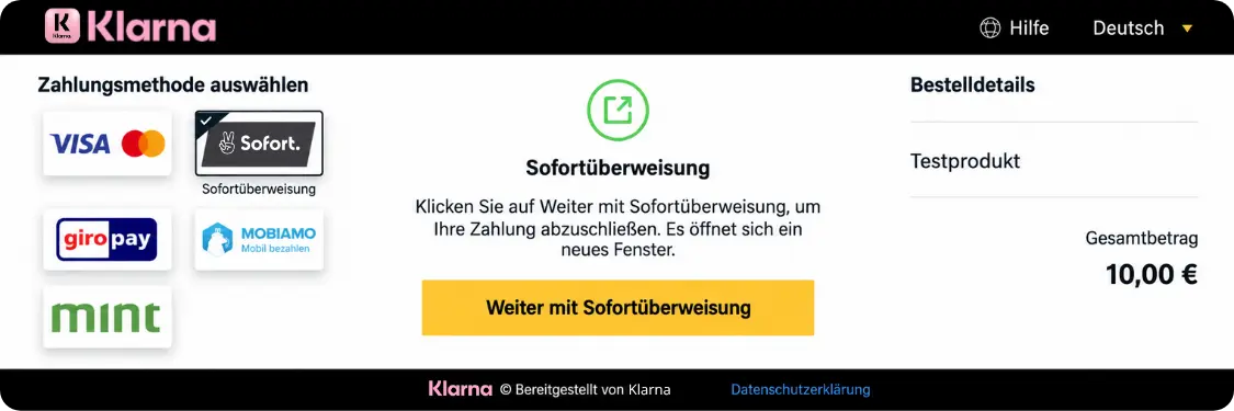 Historische Auswahl des SOFORT-Bankdienstes im Zahlungsfenster